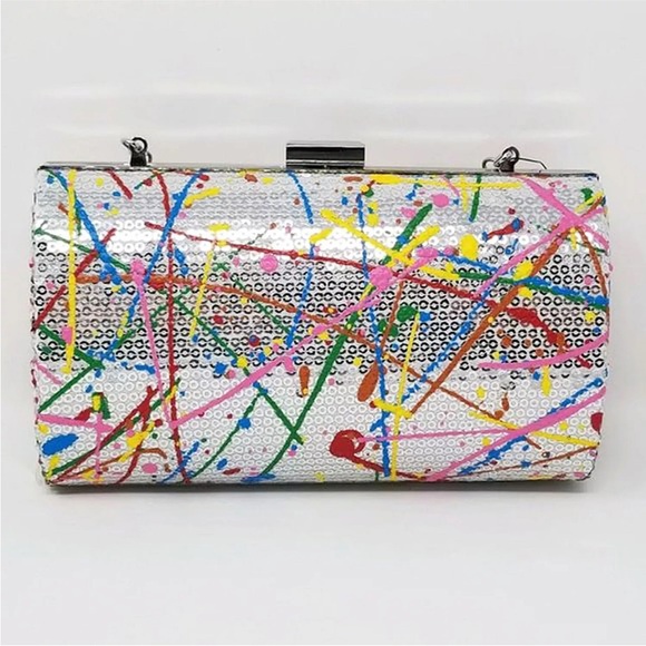 New INC Sequin Sparkling Rainbow Clasp Box Crossbody Clutch 7" W 5" H 2.5" D - Picture 6 of 6